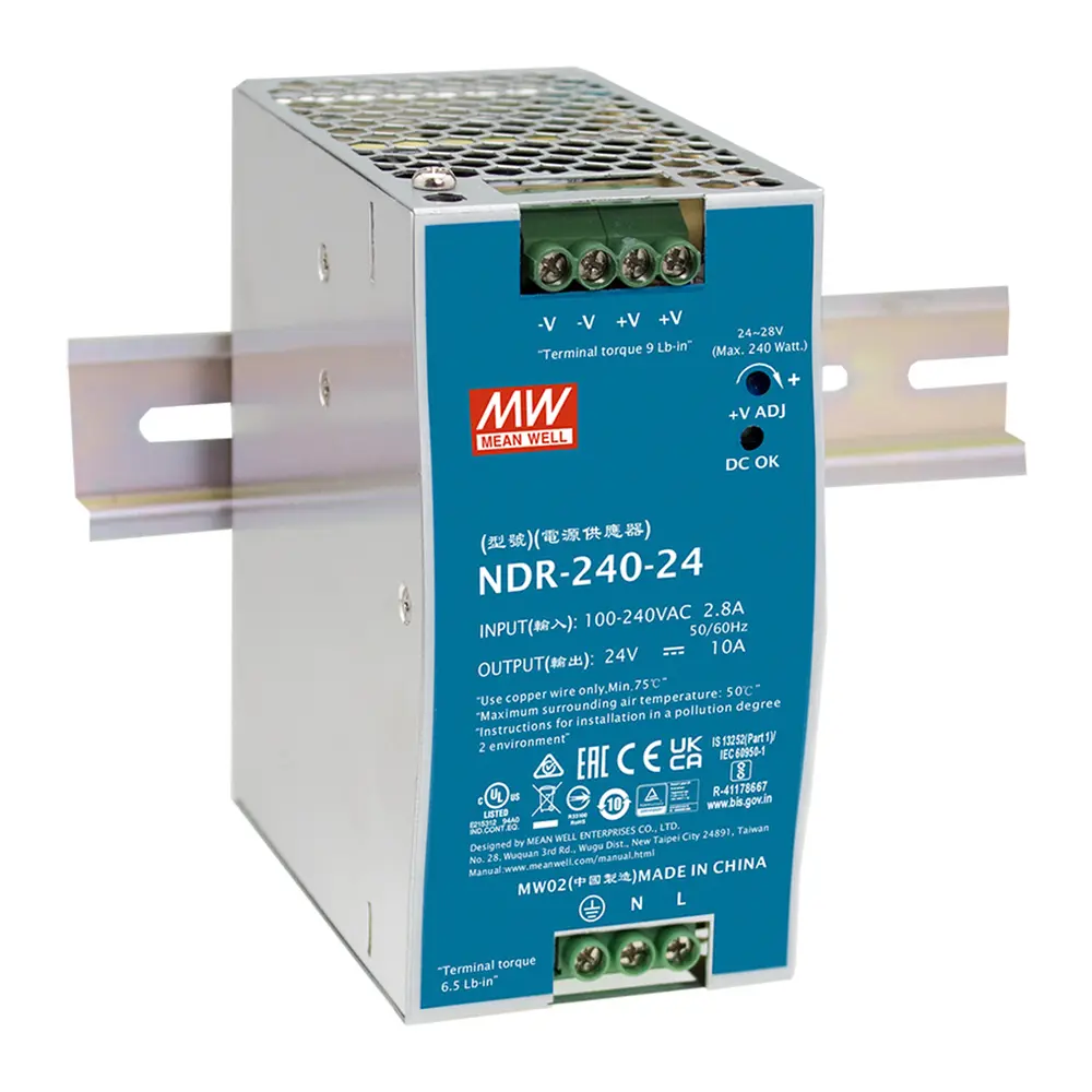 Mean Well AC-DC Single output Industrial DIN rail power supply; Output 24Vdc at 10A; metal case [NDR-240-24]