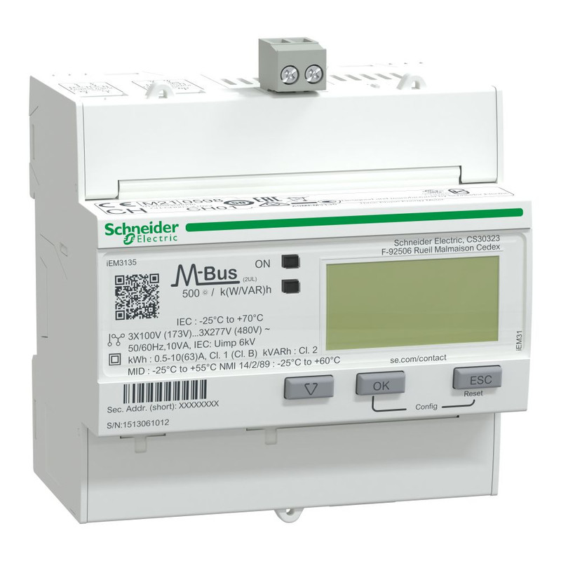 Schneider Meter iEM3000 Series_ iEM3135 energy meter - 63 A - M-bus - 1 digital I - 1 digital O - multi-tariff - MID_ [A9MEM3135]
