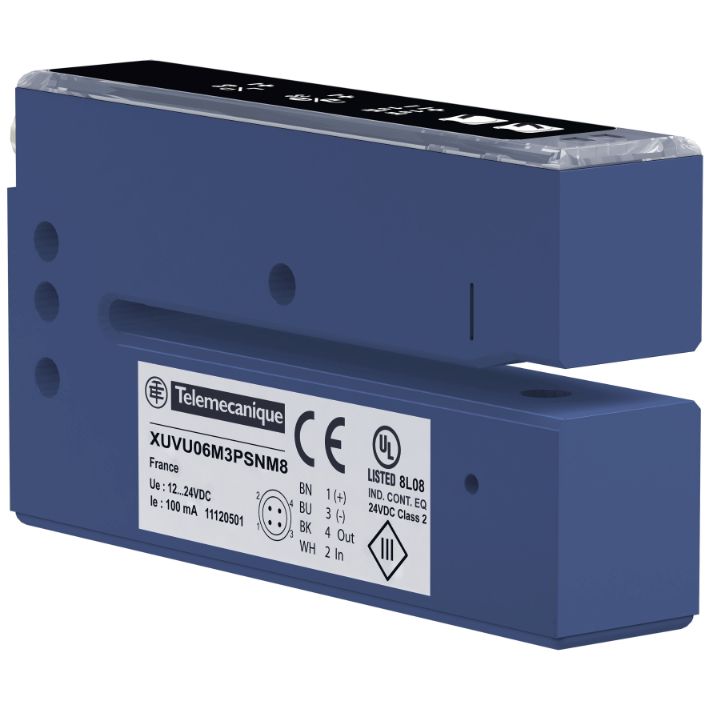 Schneider Sensors OsiSense XU_ ultrasonic sensor label fork 60x3 - 12..24 V DC - PNP/NPN NO/NC connect M8_ [XUVU06M3KSNM8]