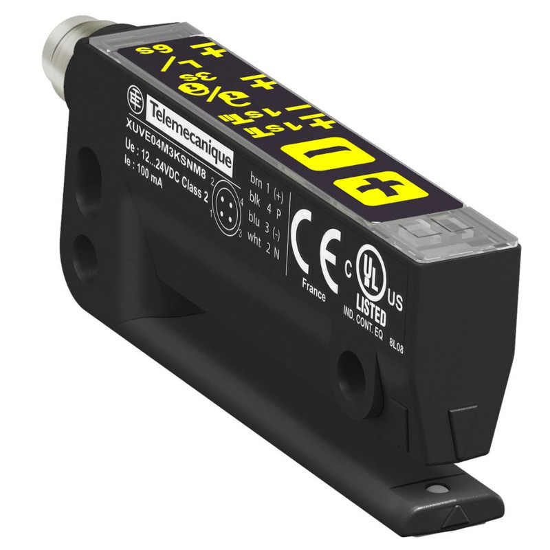 Schneider Sensors OsiSense XU_ photoelec sensor label fork 40x3 - 12..24 V DC - PNP/NPN NO/NC connect M8_ [XUVE04M3KSNM8]