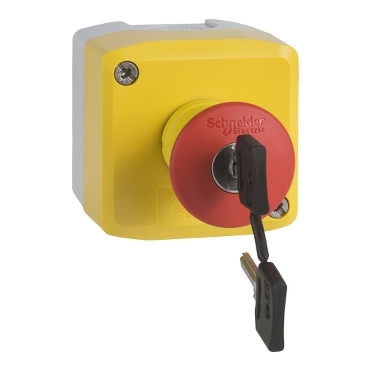 Schneider Signaling Harmony XALD, XALK_ Harmony XALD, XALK, Control station, plastic, yellow, 1 red mushroom head push button Ø40, emergency stop key release 1 NO + 1 NC, unmarked_ [XALK188E]