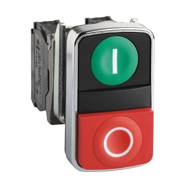 Schneider Signaling Harmony XB4_ Double-headed push button, metal, Ø22, 1 green flush marked I + 1 red projecting marked O, 1 NO + 1 NC_ [XB4BL73415]