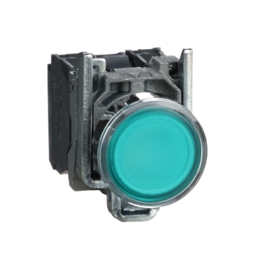 Schneider Signaling Harmony XB4_ Harmony XB4, Illuminated push button, metal, flush, green, Ø22, spring return, 110...120 V AC, 1 NO + 1 NC_ [XB4BW33G5]
