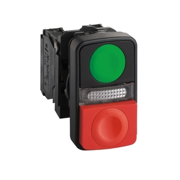 Schneider Signaling Harmony XB5_ Harmony XB5, Illuminated double-headed push button, plastic, Ø22, 1 green flush I + 1 pilot light + 1 red projecting O, 120 V AC/DC, 1 NO + 1 NC_ [XB5AW73731G5]