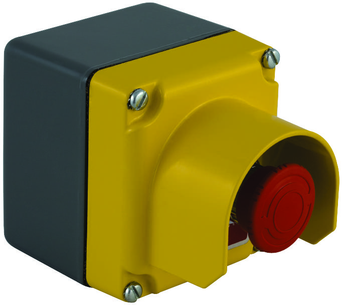 Schneider Signaling Guarded Enclosure, Harmony 9001K, die cast zinc, yellow, red turn to release mushroom, 30mm