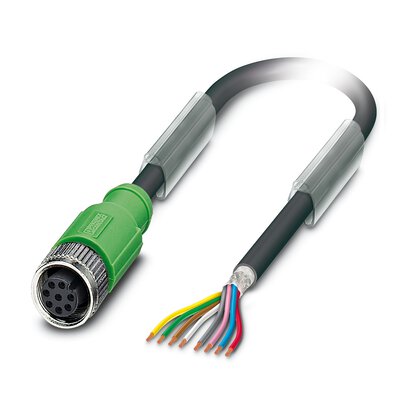 Sensor/actuator cable, 8-position, PUR halogen-free, black-gray RAL 7021, shielded, free cable end, on Socket straight M12, coding: A, cable length: 10