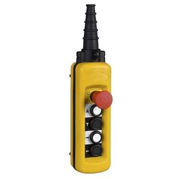 Schneider Signaling Harmony XAC_Pendant control station, Harmony XAC, plastic, yellow, 2 push buttons 2NO + 1NC, 2 push buttons with 1NO, 1 emergency stop trigger action 3NC