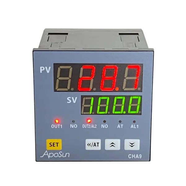 Aposun Temperature controller,  Size: 96×96mm, Input: PT100, Output: 0–10V analog output, Additional: 2 relay alarms, Power supply: 90–260V AC/DC [CHA9-VRR]