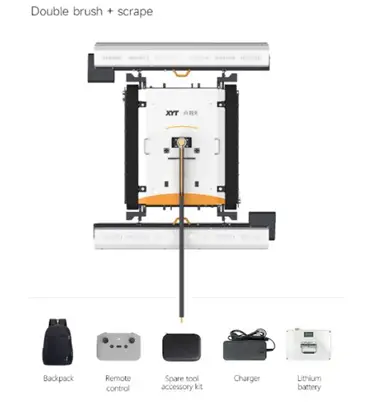XYT Double Brush Standard Version with 2 pcs 48V20AH lithium battery Brush head (1.8m) *1, Main unit *1, Rear brush head *1, Water-fed swing arm *1, Lithium battery (48V 20AH) *2, Charger (48V 20AH) *2, Backpack *1, 8. Remote Controller *1, 9. Accessory Kit *1, Quality Inspection Report *1 [X8 Plus-1.8m]