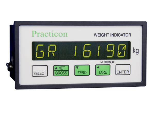 Practicon Display PR43 Series_ The PR430 Weight Indicator connects with up to four strain gauge load cells. It supplies 10V DC excitation and amplifies and conditions the resultant return signal. From this signal and stored configuration and calibration data it generates a gross/net weight signal for display and transmission to PLCs and computers via its analogue, serial or network communications interface_ [PR430A3]