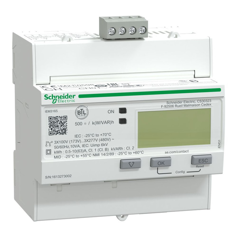 Schneider Meter iEM3000 Series_ iEM3165 energy meter - 63 A - BACnet - 1 digital I - 1 digital O - multi-tariff - MID_ [A9MEM3165]