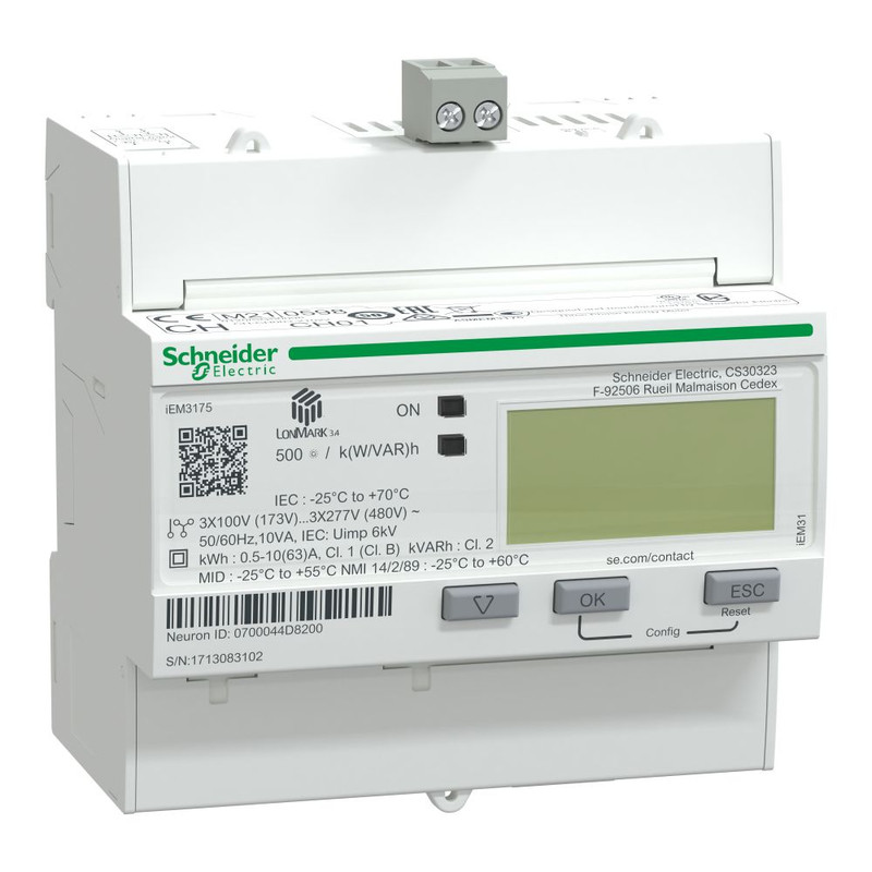 Schneider Meter iEM3000 Series_ iEM3175 energy meter - 63 A - LON - 1 digital I - multi-tariff - MID_ [A9MEM3175]