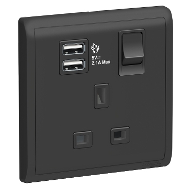 Schneider Switch Pieno 13A 1 Gang Switched Socket with 2.1A USB Matt Black [E8215USB-MB]