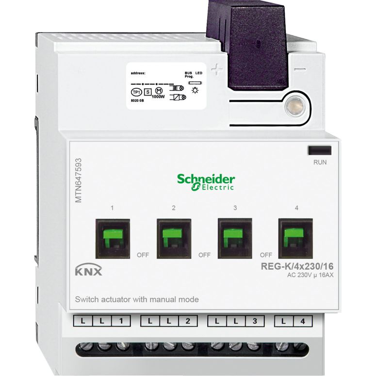 Schneider Lighting Control KNX_ Switch actuator REG-K/4x230/16 with manual mode, light grey_ [MTN647593]