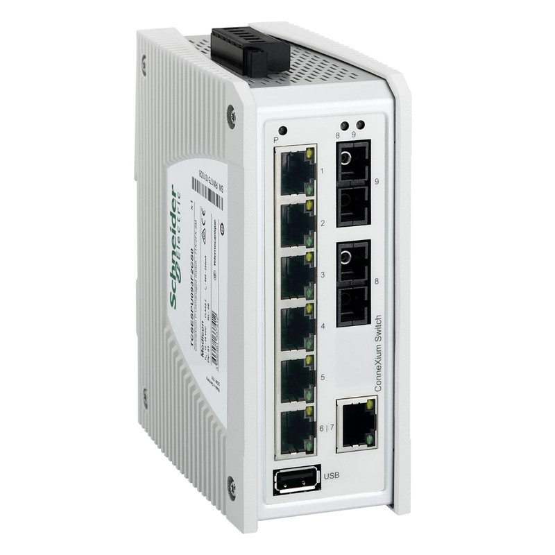 Schneider Ethernet Switch ConneXium_ ConneXium Premium Unmanaged Switch - 7 ports for copper + 2 ports for fiber optic single-mode_ [TCSESPU093F2CS0]