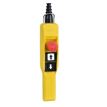 Schneider Signaling Harmony XAC_ Harmony XAC, Pendant control station, plastic, yellow, pistol grip, 2 booted push buttons with NO + NC, 1 emergency stop NC_ [XACA2153]