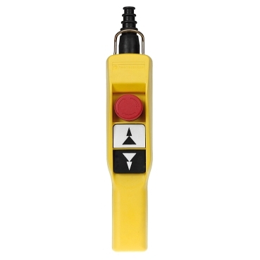 Schneider Signaling Harmony XAC_ Harmony XAC, Pendant control station, plastic, yellow, pistol grip, 2 push buttons with 2 NO, 1 emergency stop NC_ [XACA2073]
