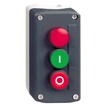 Schneider Signaling Harmony XALD, XALK_ Harmony XALD, XALK, Control station, plastic, dark grey, 1 red pilot light/1 green flush I/1 red flush O push buttons, Ø22 , spring return_ [XALD363M]