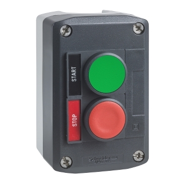Schneider Signaling Harmony XALD, XALK_ Harmony, Control station, plastic, dark grey, 1 green flush/1 red projecting push buttons, Ø22, spring return, legend holder marked STOP/START_ [XALD211H29]
