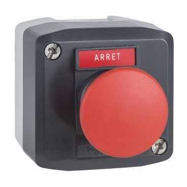 Schneider Signaling Harmony XALD, XALK_ Harmony XALD, XALK, Control station, plastic, dark grey, 1 red mushroom Ø40 push button, Ø22, 1 NC, legend holder marked ARRET_ [XALD164]