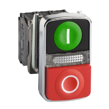 Schneider Signaling Harmony XB4_ Illuminated double-headed push button, metal, Ø22, 1 green flush I + 1 pilot light + 1 red projecting O, 1 NO + 1 NC_ [XB4BW73731B5]
