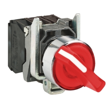 Schneider Signaling Harmony XB4_ Illuminated selector switch, metal, red, Ø22, 2 positions, stay put, 24 V AC/DC, 1 NO + 1 NC_ [XB4BK124B5]