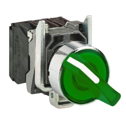 Schneider Signaling Harmony XB4_ Harmony XB4, Illuminated selector switch, metal, green, Ø22, 3 positions, stay put, 24 V AC/DC, 1 NO + 1 NC_ [XB4BK133B5]