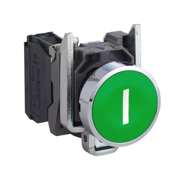 Schneider Signaling Harmony XB4_ Push button, metal, flush, green, Ø22, spring return, marked I, 1NO_ [XB4BA3311]