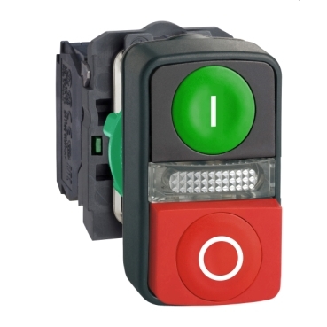 Schneider Signaling Harmony XB5_ Harmony XB5, Illuminated double-headed push button, plastic, Ø22, 1 green flush I + 1 pilot light + 1 red projecting O, 1 NO + 1 NC_ [XB5AW73731B5]