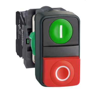 Schneider Signaling Harmony XB5_ Double-headed push button, plastic, Ø22, 1 green flush marked I + 1 red projecting marked O, 1 NO + 1 NC_ [XB5AL73415]