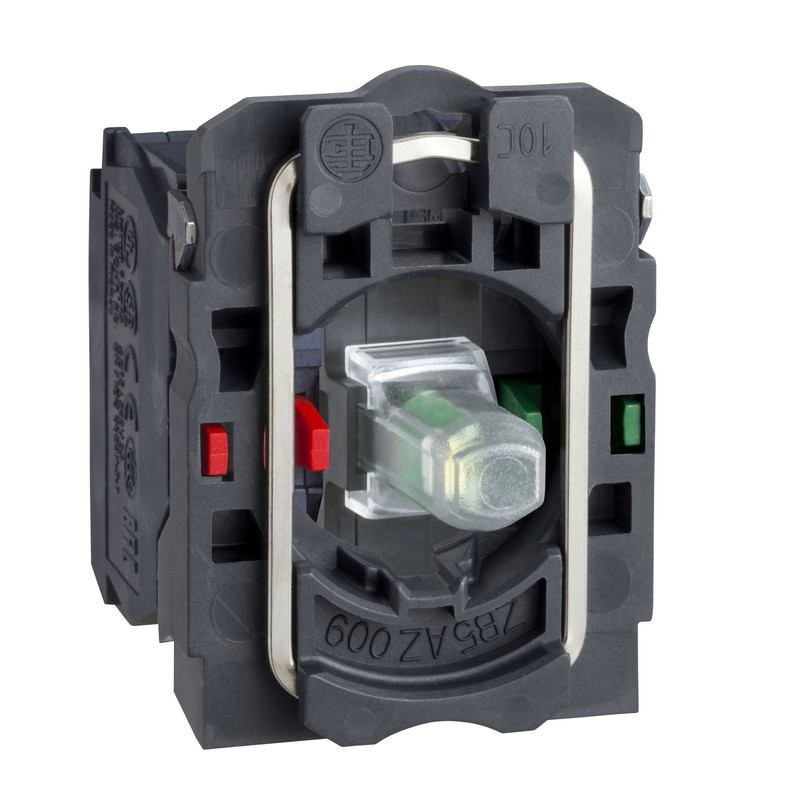 Schneider Signaling Harmony XB5_ Harmony XB5, Light block with body/fixing collar, plastic, green, integral LED, 230…240 V AC, 1 NO + 1 NC_ [ZB5AW0M35]