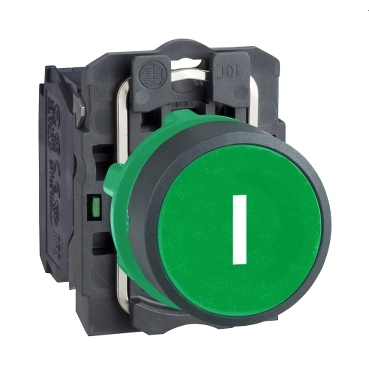 Schneider Signaling Harmony XB5_ Push button, plastic, flush, green, Ø22, spring return, marked I, 1 NO_ [XB5AA3311]