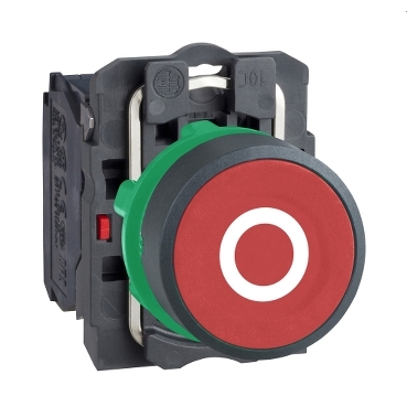 Schneider Signaling Harmony XB5_ Push button, plastic, flush, red, Ø22, spring return, marked O, 1 NC_ [XB5AA4322]