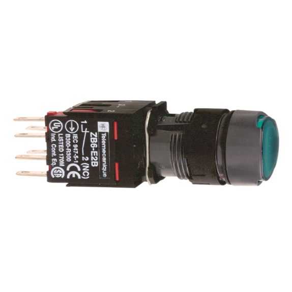 Schneider Signaling Harmony XB6_ green flush complete illum pushbutton Ø16 spring return 1NO 12...24V_ [XB6AW3B1B]