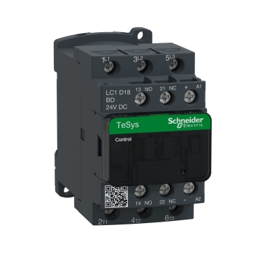 Schneider Breaker TeSys D_ LC1D18BD- TeSys D contactor - 3P(3 NO) - AC-3 - <= 440 V 18 A - 24 V DC coil. As the best selling line of contactors in the world, TeSys D offers multi-standard solutions, high reliability with long mechanical and electrical durability for different sizes, along with the most complete accessories in the industry._ [LC1D18BD]