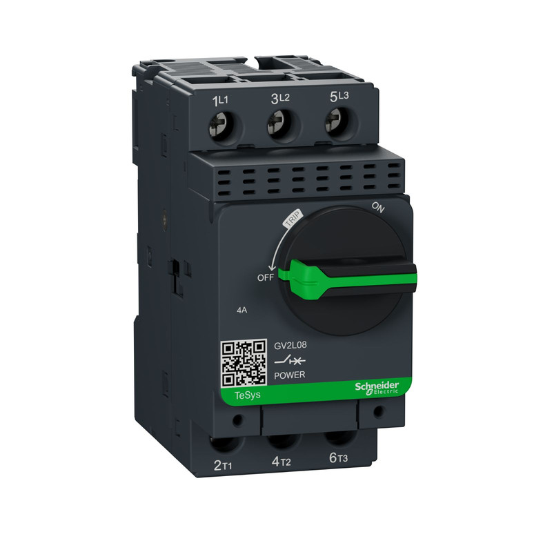 Schneider Breaker TeSys Deca contactors_ Motor circuit breaker, TeSys GV2, 3P, 4 A, magnetic, rotary handle, screw clamp terminals_ [GV2L08]