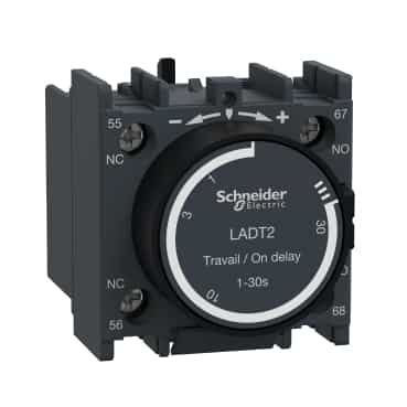 Schneider Breaker TeSys D_ Time delay auxiliary contact block, TeSys D, 1NO + 1NC, on delay 0.1-30s, front, screw clamp terminals_ [LADT2]