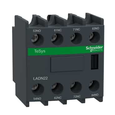 Schneider Breaker TeSys D_ LADN22 Auxiliary contact block, TeSys D, 2NO + 2NC, front mounting, screw terminals. As the best selling line of contactors in the world, TeSys D offers multi-standard solutions, high reliability with long mechanical and electrical durability for different sizes, along with the most complete accessories in the industry._ [LADN22]