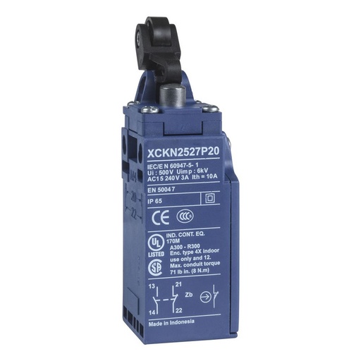 [XCKN2127P20] Schneider Sensors OsiSense XC Standard_ limit switch XCKN - th.plastic roller lever plung. Ver - 1NC+1NO - snap - M20_ [XCKN2127P20]