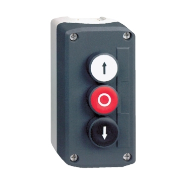 [XALD324] Schneider Signaling Harmony XALD, XALK_ Harmony XALD, XALK, Control station, plastic, dark grey lid, 3 flush push buttons Ø22, marked UP ARROW O DOWN ARROW_ [XALD324]
